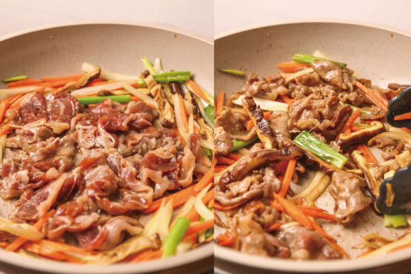 4.中間空一個位，下肉片稍微靜置煎一下，再炒開。 ▶▶醃過的肉比較容易焦，所以先⽤煎的可以增加香氣和幫助上色。